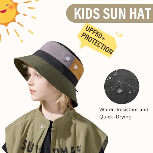 Image of Outdoor Kids Sun Hat Quick Dry Bucket Hat Multiple Color Patchwork for Boys Girls 8-15 Years UPF 50+ Summer Beach Hats