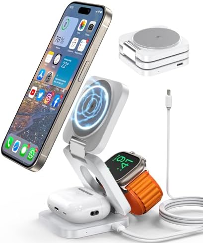 Magnetic Wireless Charger, Foldable 3 in 1 Wireless Charging Station, Fast Wireless Charger Stand for iPhone 15 14 13 12 Pro Max, for Apple Watch 9 8 7 6 5 4 3 2 SE, for AirPods Pro 3 2 (White)