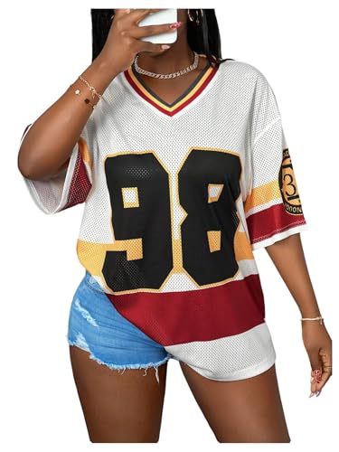 Women's Jersey Shirts Striped Color Block T Shirt Half Sleeve Drop Shoulder Oversized Tee Tops