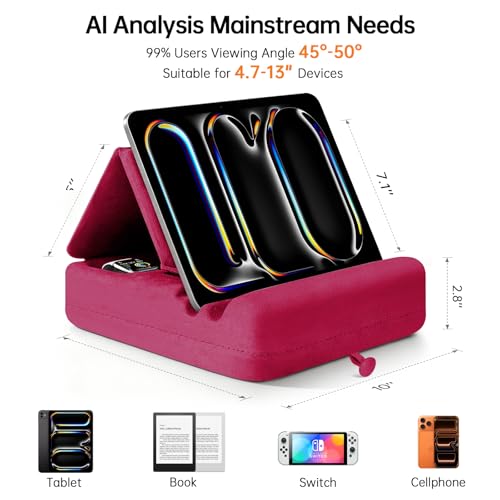 Image of Tablet Pillow Stand with Storage, Foldable iPad Holder for Lep, Bed, Sofa, and Desk - Soft Pad Dock with Pocket and Stylus Mount Compatible with 4-13 inch iPad Pro /Air /Mini, Galaxy Tab, Kindle (Red)