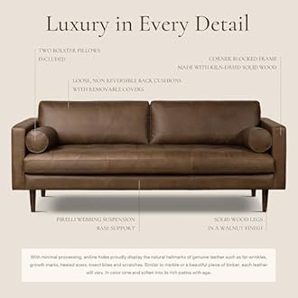 Poly & BARK Napa 88.5" Sofa – Cocoa Brown Full-Grain Pure-Aniline Italian Leather, Feather-Down Cushioning, Kiln-Dried Solid Wood Frame, Walnut Legs