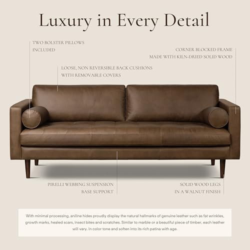 Poly & BARK Napa 88.5" Sofa – Cocoa Brown Full-Grain Pure-Aniline Italian Leather, Feather-Down Cushioning, Kiln-Dried Solid Wood Frame, Walnut Legs