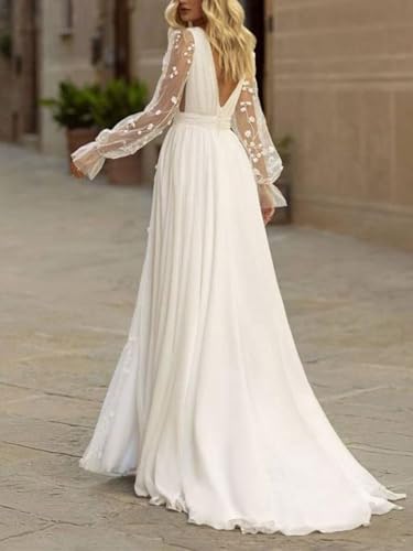 Long Sleeves Wedding Dresses for Bride Lace Chiffon A Line Long Beach Bridal Dress for Women2