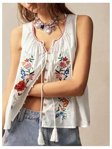 GORGLITTER Women's Floral Embroidered Tops Y2K Sleeveless Scoop Neck Button Down Tank Top4