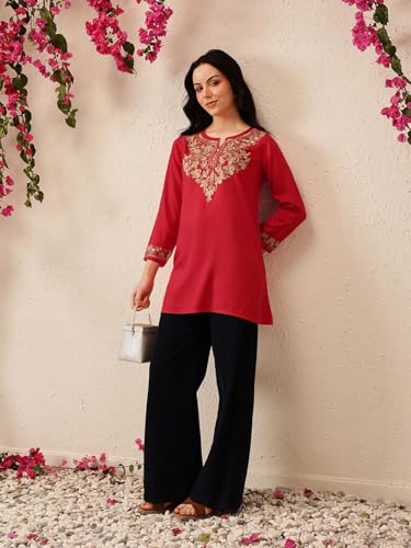 Image of QAZMI Women's Naila Kashmiri Aari Embroidered Viscose Rayon Full Sleeves A-Line Short Kurti
