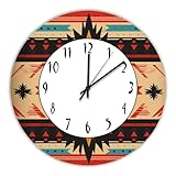 JuneLucky Vintage Decorative Wood Clock 15in,A Blanket with A Native American Pattern Round Wooden Wall Clock for Kitchen Dining Room Home Decor Rustic Wall Art Wooden Clock Funny Gifts for Holiday
