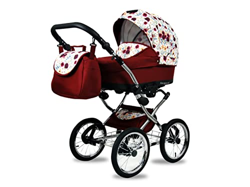 BabyLux Margaret Exclusive 3 in 1 Reisesystem Retro-Kind | Fuß + Spazerei + Autositz mit Zubehör, Regenfolie, Räder 14" Gepupft | Blumenblumen auf Weiß