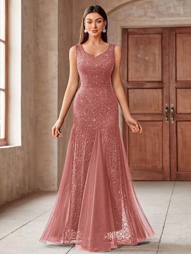 Image of Miusol Women's Elegant V Neck Sleeveless Sequin Lace Evening Party Dress