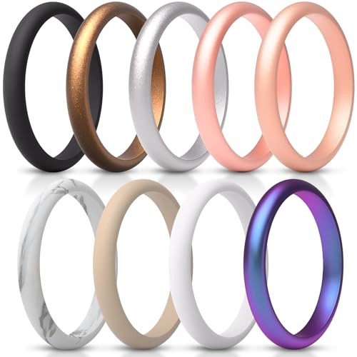 ThunderFit Silicone Wedding Bands for Women, Thin and Stackable 2.5mm Width - 2mm Thick (Bronze A, Silver A, Rose Gold C, Rose Gold A, Marble C, Light Coffee D, White, Black, Galaxy A - Size 3.5-4 (14.9mm))
