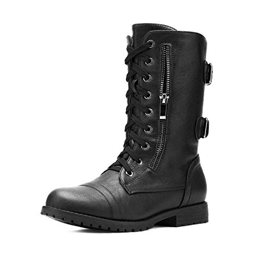 DREAM PAIRS Women’s Combat Boots, Mid Calf Built-in Wallet Pocket Lace up Military Ankle Booties