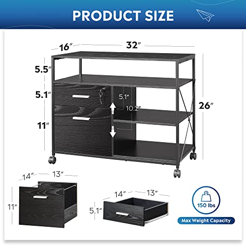Devaise 2 Drawer Wood File Cabinet With Lock, Mobile Printer Stand With Open Storage Shelf, Lateral Filing Cabinet Fits A4 Or Letter Size For Home Office, Black #TOP2
