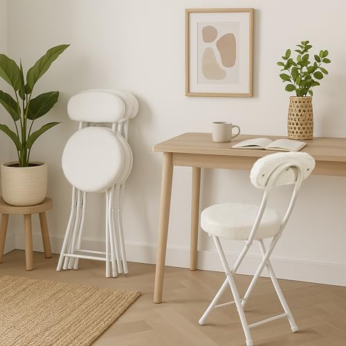 MEUBLE Cosy Juego de 4 Sillas Plegable Taburete con Respaldo y Reposapiés Tapizados de Piel, Estructura de Metal, Blanco