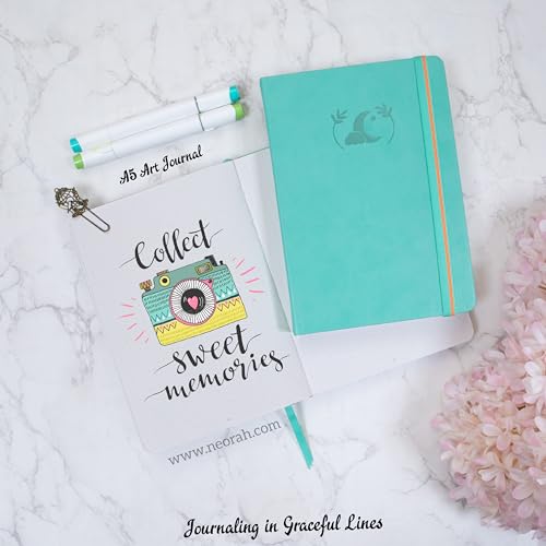 Image of NEORAH - A5 - ART JOURNAL | 200 Gsm Dotgrid Notebook | 160 Pages(21.0 x 14.8 cm) |Hard Cover | 3 Bookmarks | Elastic Closure | Back Pocket | Ideal - Bujo,Drawing & Painting, Junk Journal (Teal)