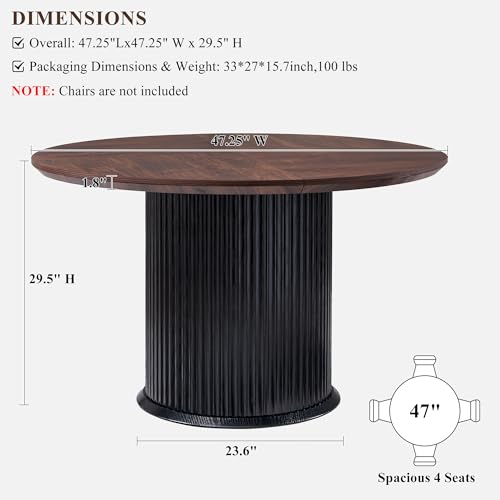 Image of T4TREAM 47 inch Fluted Round Dining Table for 4-6 People,Walnut & Black