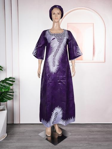 Image of HD African Bazin Riche Maxi Dress for Woman Traditional Embroidery Dashiki Dresses with Head Wraps