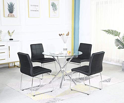 Dining Table Modern Kitchen and Dining Table with Round Glass Top and Stainless Steel Base - Thumbnail 2