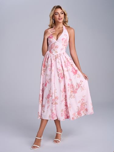 Image of Parthea Women's Gingham Halter V Neck Midi Dress Corset Smocked Sundress Flowy A Line Wedding Guest Dresses
