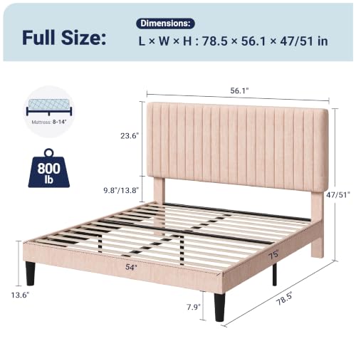 Image of Allewie Full Bed Frame, Upholstered Platform Bed with Adjustable Vertical Channel Tufted Headboard, Mattress Foundation with Strong Wooden Slats, Box Spring Optional, Easy Assembly, Chenille Pink