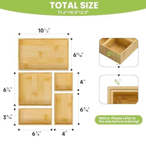 Bamboo Drawer Organizer Set, 5 PCS Multi-use Varied Sizes Junk Drawer Organizer Kitchen Storage Box for Office, Home, Bedroom, Bathroom, Bamboo - Image 3