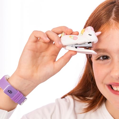 Back2Fun - Mini-Heftgerät für Kinder – Einhorn-Design, Soft-Touch, inklusive 400 Heftklammern Nº10, Kompakt & süß, Papeterie für Schule und Zuhause