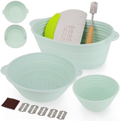 3Pcs Silicone banneton basket(Green),sourdough starter kit,silicone proofing baskets for sourdough bread baking.Folds Storage,Non-stick,Dishwasher Safe