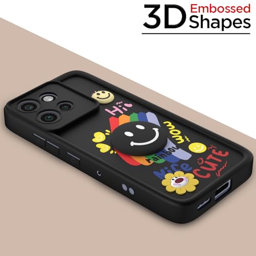 Image of Pikkme Back Cover for Motorola Moto Edge 50 Neo 5G | Soft Silicone| Cute Rainbow Smile & 3D Cartoon Flower Design | Shockproof Raised Camera Protection Bumper Case (Black)