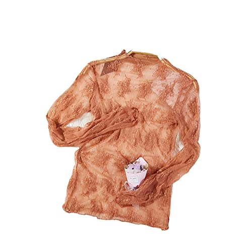 [UMIYI] シースルー トップス レディース レース ブラウス 透け感 チュール シャツ 可愛い インナー 重ね着 レイヤード 長袖 ハイネック タートルネック 立ち襟 薄手 メロウフリル 刺繍 セクシー 上品 花柄レッド