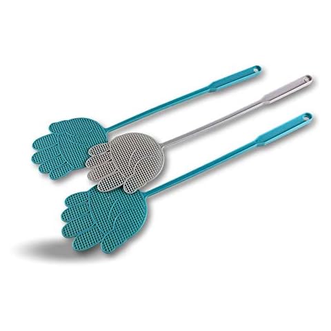 KIBROS Set of 3 Fly Swatters | Non-toxic Plastic | Polypropylene | Blue and Grey Colours | Openwork Hand Shape | Size 50 cm | Indoor Outdoor Use TAPMOcx3, 53 cm Cover