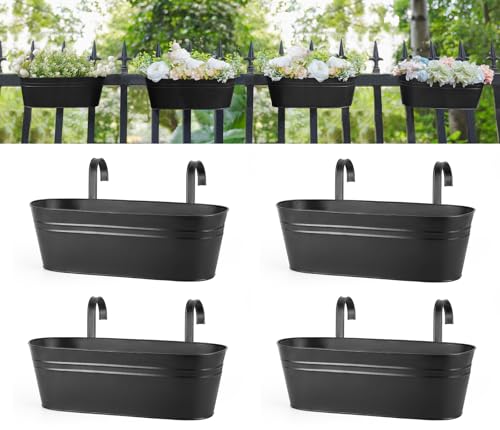 Dahey 4 Pcs Metal Hanging Flower Pots for Railing Fence Outdoor Planter 15.7 Inch Hanging Bucket Pots Countryside Window Flower Plant Holder with Detachable Hooks for Garden Yard Home Decor Black