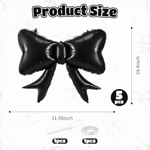 Image of 5pcs Black Bow Balloon, Black Bows Balloons, Retro Giant Bow Foil Balloon For Birthday Baby Shower Girls Women Boho Party Wedding Bridal Shower Bachelorette Engagement Graduation Decorations