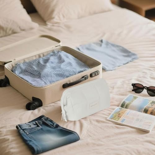 Image of Puffy Makeup Bag Travel Toiletry Bag, Waterproof Make Up Bag for Women, Lightweight Wide-open Cosmetic Bag with Multiple Compartments, Pouch Travel Essentials Toiletries, Beige