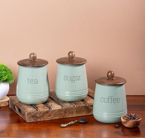 Image of Metallure Home Stylish Airtight Container Set | Sugar Tea Coffee Container Set of 3 | Metal and Wood Lid Canister for Kitchen Storage | Food-Safe Jar Set for Kitchen (Green)