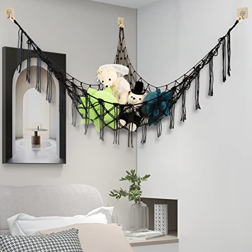 Image of Boho Stuffed Animals Net or Hammock Large,55 inch Toy Hammock Macrame Stuff Animal Storage Corner Hanging Net Holder,Mesh Hammock Plush Toy Organizer with Hooks for Bedroom,Nursery (Black)