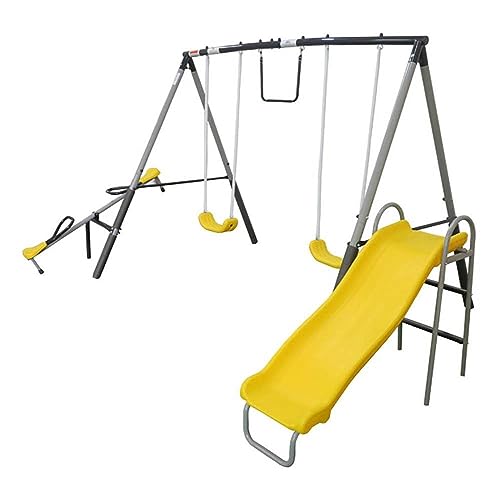 XDP Recreation The Titan Outdoor Backyard Toddler Playground Swing Set with Slide, 2 Swings, See-Saw, and Trapeze for Kids Ages 3 to 8 Years