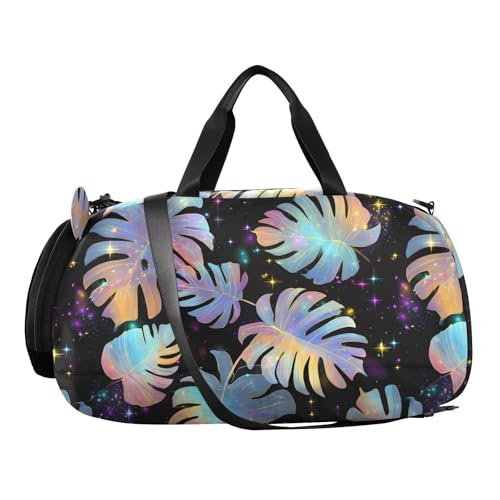 Duffle Bag for Boys or Girls with Shoes Compartment, Platinum Palm Leaves Pattern Sports Travel Bag Overnight2