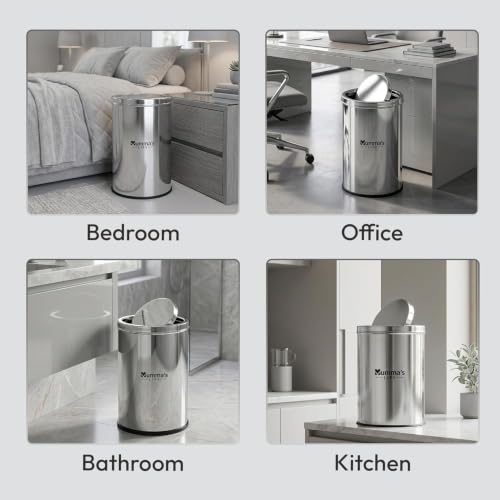 Image of Mumma's LIFE 10L Dustbin for Kitchen with Lid | Stainless Steel Swing Lid Trash Can | Steel Trash Can for Home & Office | Dustbin for Bathroom, Bedroom & Washroom (8x12 Inch)