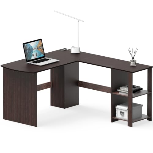 Shw 51 X 51 L-Shaped Home Office Wood Corner Desk With Storage, Espresso | Integrated Book Shelves
