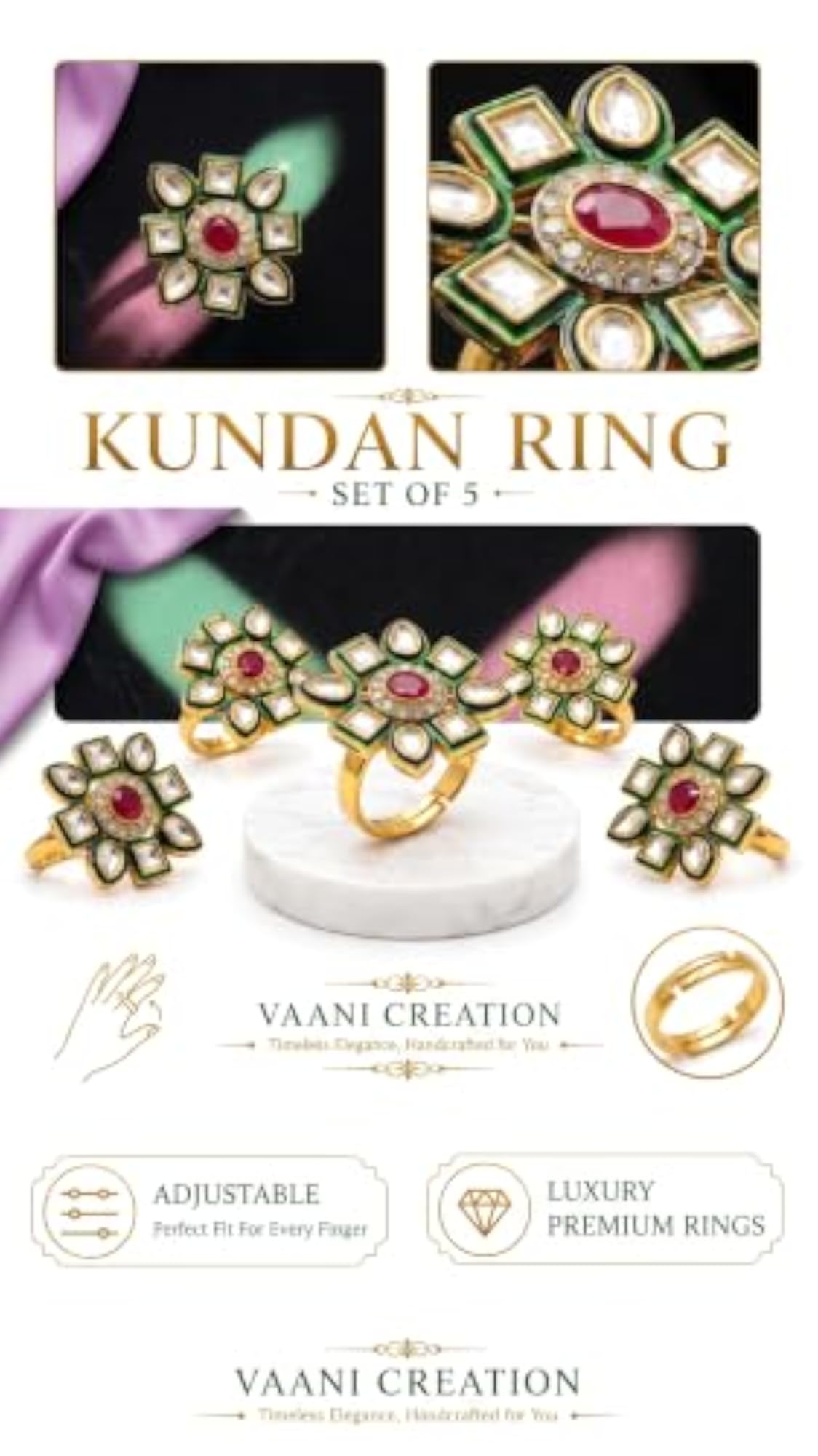 Kundan Ring with Green Enamel and Ruby Centre Stone, Elegant Gift
