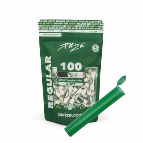 PURIZE 9mm Aktivkohlefilter Regular Size Inklusive Joint Tube und 1/5 Sticker Menge und Farbe WÄHLBAR (50x - 420x) (Weiß 100)