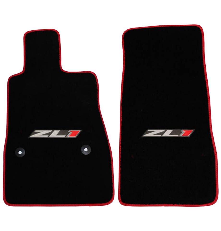 AveryAutoMats Custom Fit 2 Piece Carpet Front Floor Mats Compatible with 2016-Current Chevrolet Camaro with ZL1 Logo & Red Binding - Black