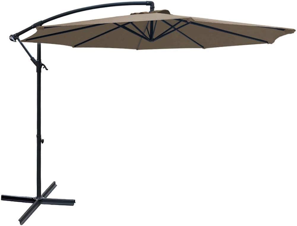 SUNGREEN Offset Patio Umbrella 10ft Hanging Umbrella Outdoor Market Cantilever Umbrella with Umbrella Cover Crank Lift & Cross Base for Garden Backyard Deck and Poolside-Brown