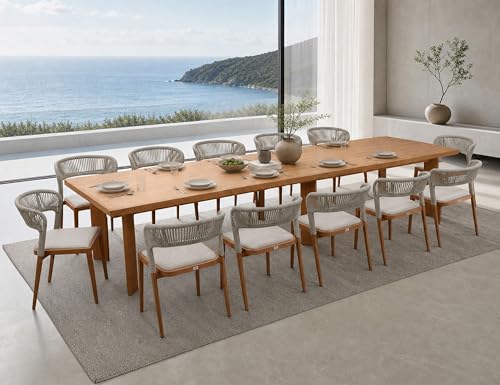 Image of PURPLE LEAF Outdoor Dining Set for 12 with Built-in Cushions Deep Teak