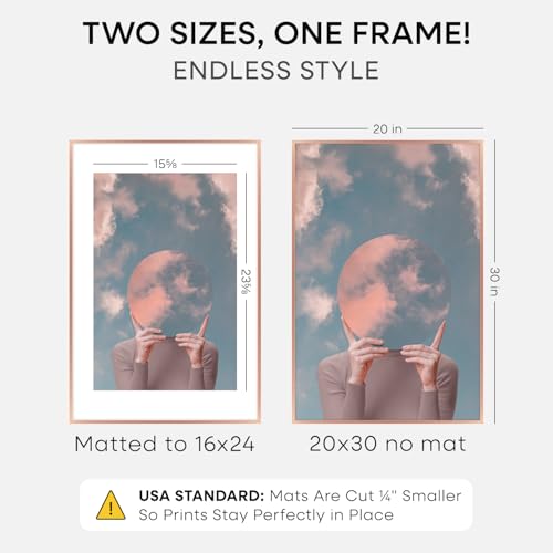 Image of Homeforia 20x30 Frame Rose Gold, High End Metal 20x30 Picture Frames with Mat 16x24 inch Photo, 20 x 30 Rose Gold Poster Frame Matted to 16 by 24, 30x20 Large Frame, Tempered Glass, Wall Kit, Set of 1