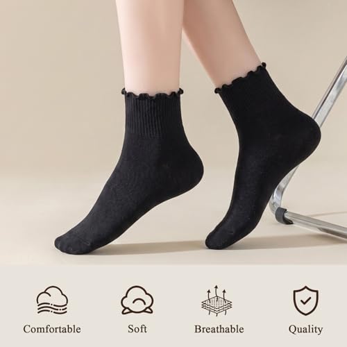 Image of BIVOLU Womens Ankle Socks Ruffle Cotton Cute Frilly Trim Breathable Ankle Ruffled Socks 6 Pack