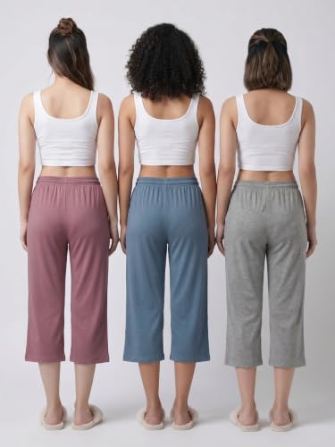 Image of Fflirtygo Women's Cotton Plain Calf Length Capri | Nightwear Pajama | 3 /4th Solid Pyjama Pant | Black Navy and Lavender Lounge Pants | Casual wear & Lounge Wear Capri Combo (Pack of 3)