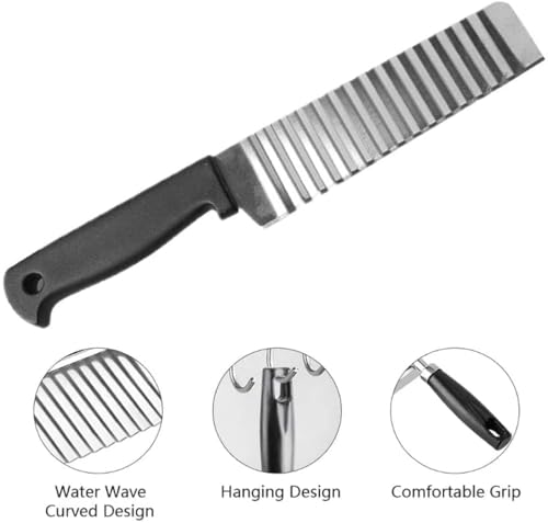 Image of Stainless Steel Wavy Blade Crinkle Cutter Knife - Vegetable & Potato Chip Slicer with Durable Nylon Handle - French Fry Cutter, Fruit, Salad, and Garnish Making Tool for Kitchen (Knife Black)