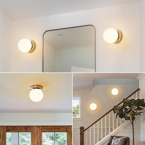 Image of Modern Nickel Globe Wall Sconce，Single Light with Milk Glass Shade | 6 inch Minimalist Spherical Vanity Sconces,Contemporary Small Brass Ball Lights Fixture for Entryway Bedside Bathroom,E26 Base