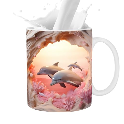 Genérico Taza de café con delfines 3D, Tazas de café de cerámica pintadas en plano 3D, Tazas de con decoración de delfines de 11 oz para los amantes del té con leche y, tazas de cerámica para mujeres