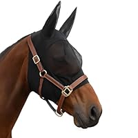 Fliegenmaske Pferd mit Ohrenschutz & Elastizität, Uv-Beständig, Atmungsaktive Fliegenhaube Pferd Cob Größe L (Schwarz - Einheitsgröße)