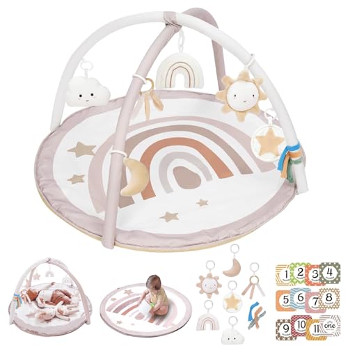 Image of Baby Play Gym Mat, Tummy Time Activity Mat with 7 Detachable Toys and 12 Milestone Cards for Stage-Based Sensory and Motor Skill Development, Washable Play Mats for Infant, Newborn Baby Essentials